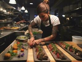 femelle chef crée culinaire chefs-d'œuvre dans une animé cuisine ai génératif photo