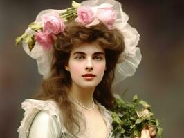 un coloré vieux photographier de une femme de le de bonne heure années 1900 ai génératif photo