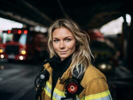 femelle sapeur pompier bravement batailles le Feu ai génératif photo