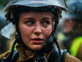 femelle sapeur pompier bravement batailles le Feu ai génératif photo