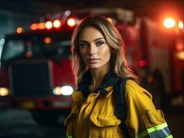 femelle sapeur pompier bravement batailles le Feu ai génératif photo