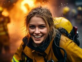 femelle sapeur pompier bravement batailles le Feu ai génératif photo