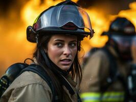 femelle sapeur pompier bravement batailles le Feu ai génératif photo