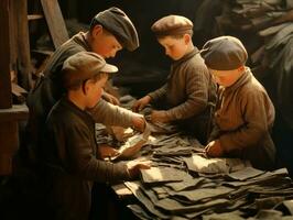 historique coloré photo de une des gamins du quotidien travail dans le années 1900 ai génératif