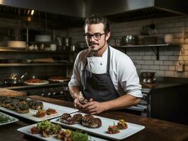 Masculin chef crée culinaire chefs-d'œuvre dans une animé cuisine ai génératif photo