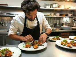 Masculin chef crée culinaire chefs-d'œuvre dans une animé cuisine ai génératif photo