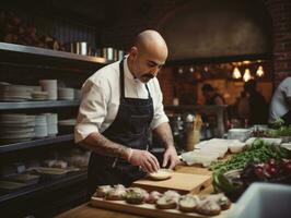 Masculin chef crée culinaire chefs-d'œuvre dans une animé cuisine ai génératif photo