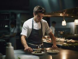 Masculin chef crée culinaire chefs-d'œuvre dans une animé cuisine ai génératif photo