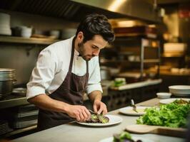 Masculin chef crée culinaire chefs-d'œuvre dans une animé cuisine ai génératif photo