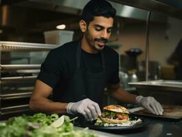 Masculin chef crée culinaire chefs-d'œuvre dans une animé cuisine ai génératif photo