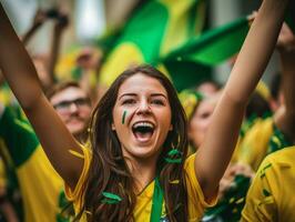 brésilien femme fête le sien football équipes la victoire ai génératif photo