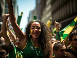 brésilien femme fête le sien football équipes la victoire ai génératif photo