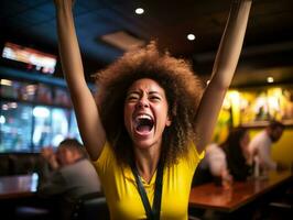 brésilien femme fête le sien football équipes la victoire ai génératif photo