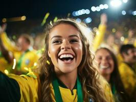 brésilien femme fête le sien football équipes la victoire ai génératif photo