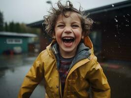 insouciant enfant joyeusement danses dans le rafraîchissant pluie ai génératif photo