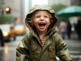 insouciant enfant joyeusement danses dans le rafraîchissant pluie ai génératif photo