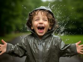 insouciant enfant joyeusement danses dans le rafraîchissant pluie ai génératif photo