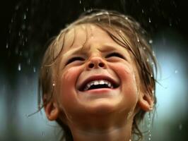 insouciant enfant joyeusement danses dans le rafraîchissant pluie ai génératif photo