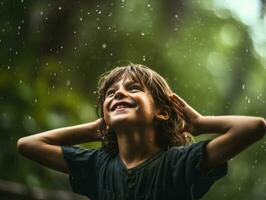 insouciant enfant joyeusement danses dans le rafraîchissant pluie ai génératif photo