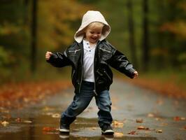 insouciant enfant joyeusement danses dans le rafraîchissant pluie ai génératif photo