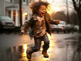 insouciant enfant joyeusement danses dans le rafraîchissant pluie ai génératif photo