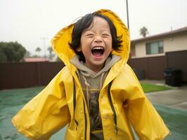 insouciant enfant joyeusement danses dans le rafraîchissant pluie ai génératif photo