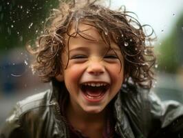 insouciant enfant joyeusement danses dans le rafraîchissant pluie ai génératif photo