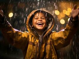 insouciant enfant joyeusement danses dans le rafraîchissant pluie ai génératif photo