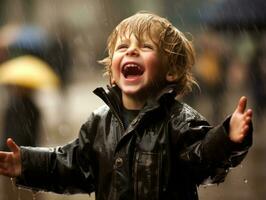 insouciant enfant joyeusement danses dans le rafraîchissant pluie ai génératif photo