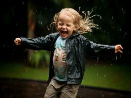 insouciant enfant joyeusement danses dans le rafraîchissant pluie ai génératif photo