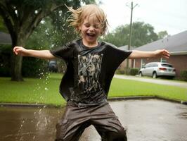 insouciant enfant joyeusement danses dans le rafraîchissant pluie ai génératif photo