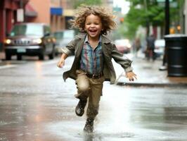 insouciant enfant joyeusement danses dans le rafraîchissant pluie ai génératif photo