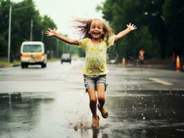 insouciant enfant joyeusement danses dans le rafraîchissant pluie ai génératif photo