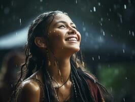 insouciant femme joyeusement danses dans le rafraîchissant pluie ai génératif photo