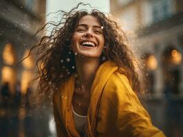 insouciant femme joyeusement danses dans le rafraîchissant pluie ai génératif photo