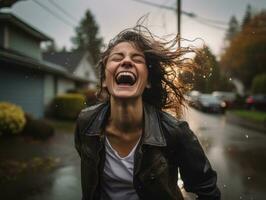 insouciant femme joyeusement danses dans le rafraîchissant pluie ai génératif photo