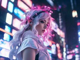 futuriste femme dans une lisse et technologiquement Avancée costume ai génératif photo