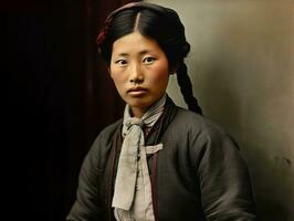 un vieux coloré photographier de une asiatique femme de le de bonne heure années 1900 ai génératif photo