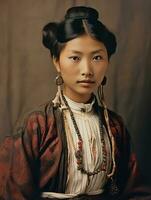 un vieux coloré photographier de une asiatique femme de le de bonne heure années 1900 ai génératif photo