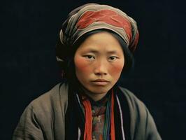 un vieux coloré photographier de une asiatique femme de le de bonne heure années 1900 ai génératif photo