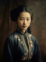 un vieux coloré photographier de une asiatique femme de le de bonne heure années 1900 ai génératif photo