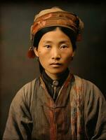 un vieux coloré photographier de une asiatique femme de le de bonne heure années 1900 ai génératif photo