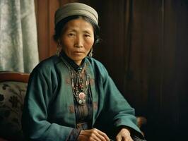 un vieux coloré photographier de une asiatique femme de le de bonne heure années 1900 ai génératif photo