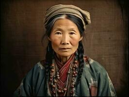 un vieux coloré photographier de une asiatique femme de le de bonne heure années 1900 ai génératif photo