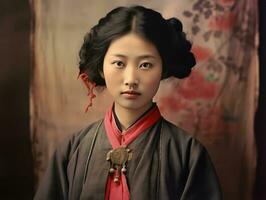 un vieux coloré photographier de une asiatique femme de le de bonne heure années 1900 ai génératif photo