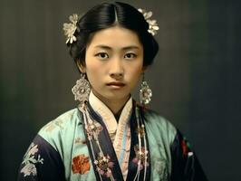 un vieux coloré photographier de une asiatique femme de le de bonne heure années 1900 ai génératif photo