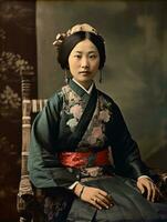 un vieux coloré photographier de une asiatique femme de le de bonne heure années 1900 ai génératif photo