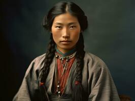 un vieux coloré photographier de une asiatique femme de le de bonne heure années 1900 ai génératif photo