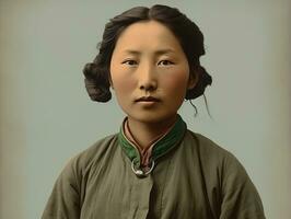 un vieux coloré photographier de une asiatique femme de le de bonne heure années 1900 ai génératif photo