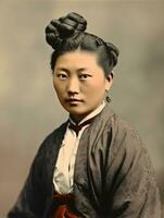 un vieux coloré photographier de une asiatique femme de le de bonne heure années 1900 ai génératif photo